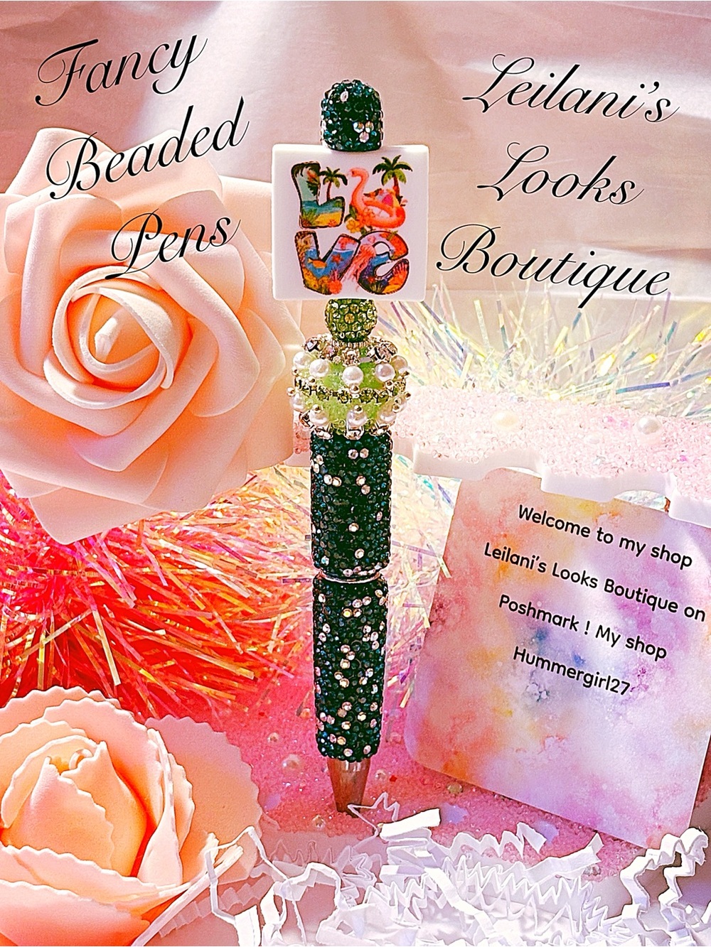 Green Beaded Glam Pen with Tropical Charm/green beads/